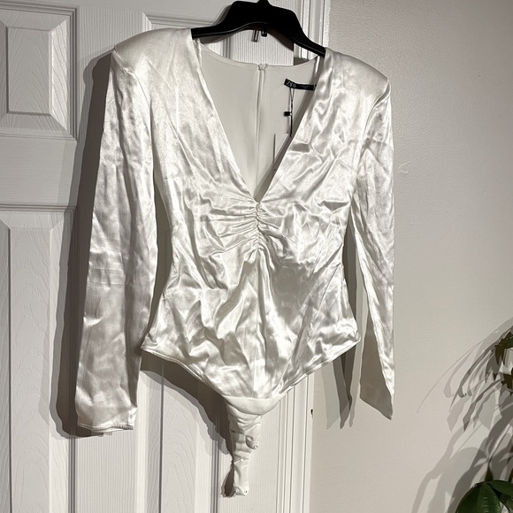 NWT Satin Bodysuit Long sleeve ruched draped fit bodice shiny wedding coquette - Picture 2 of 9